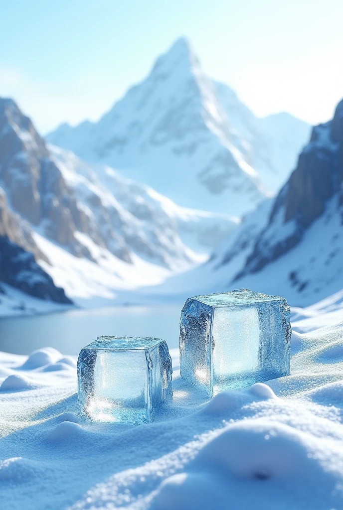 generate an image of a background with snow-covered mountains with ice cubes in the first layer