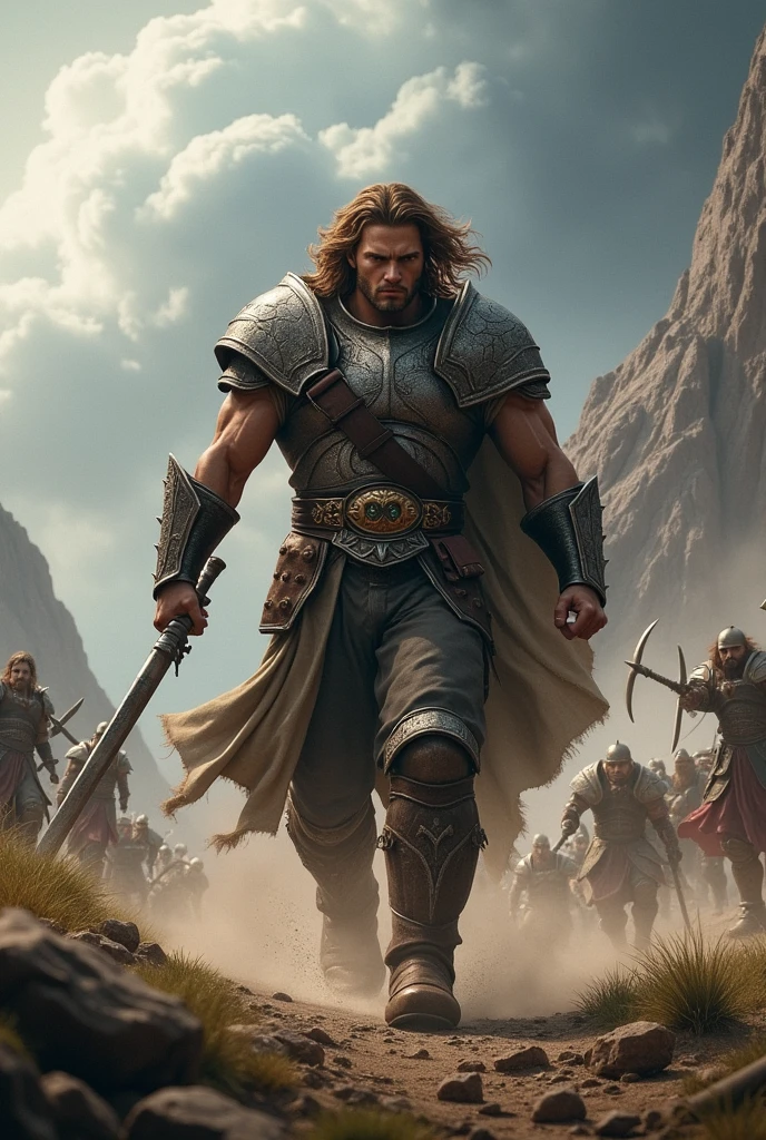 a demigod Jarl,His fury unleashed an epic battle,Make him less old and with brown hair 