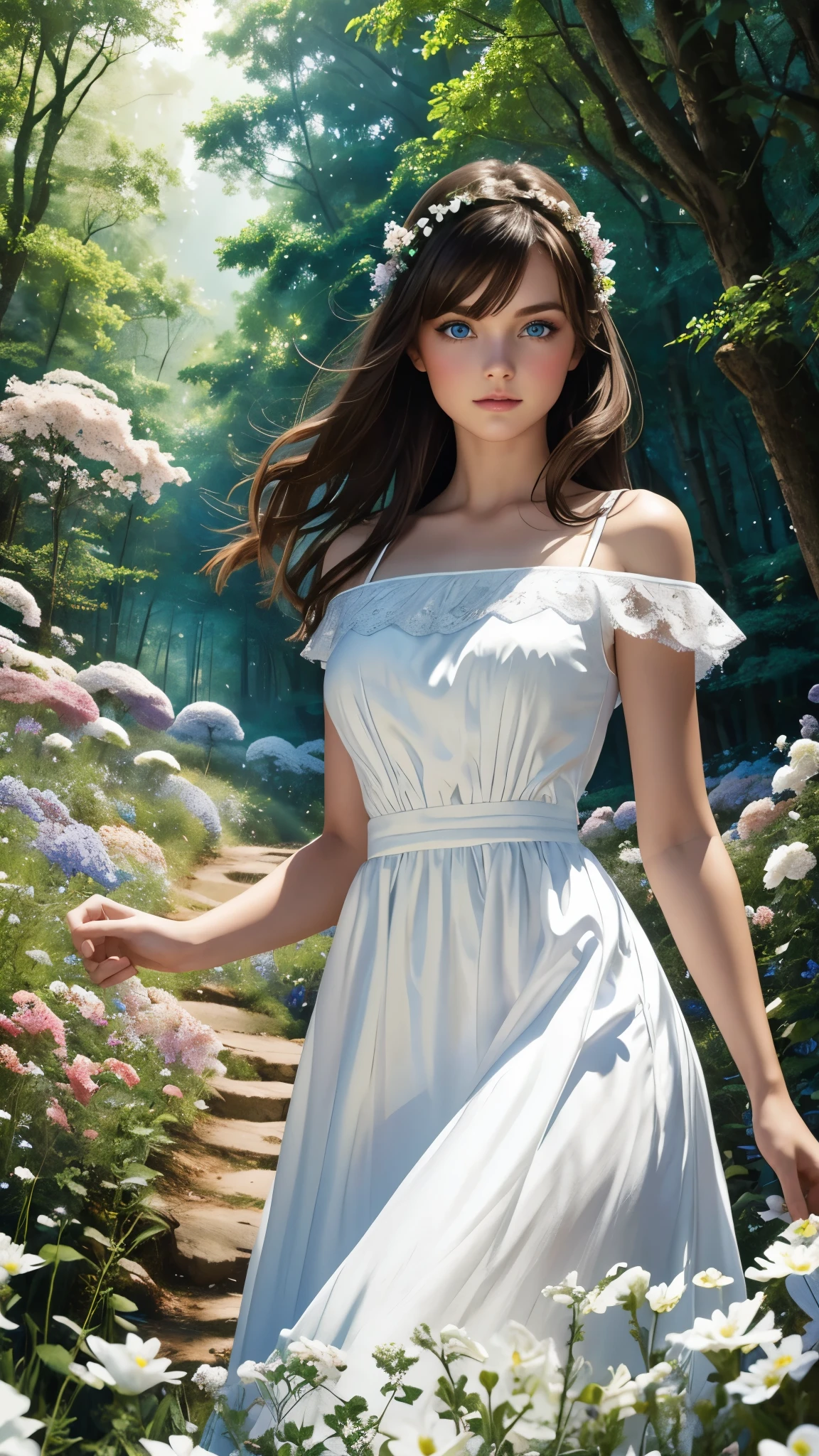Brunette girl with blue eyes in a white dress in a beautiful forest full of flowers