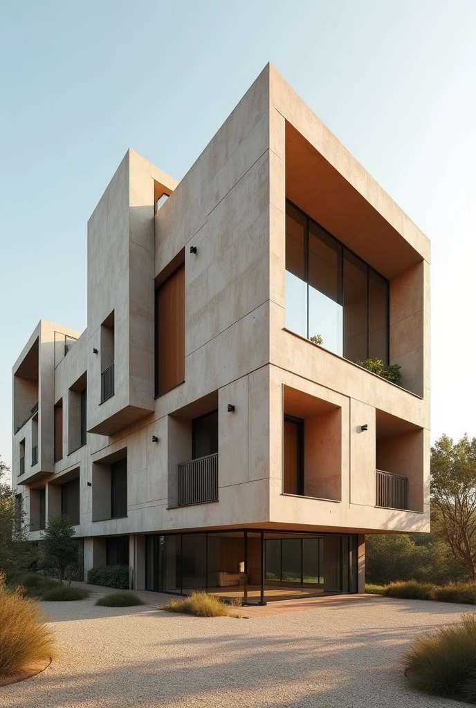 Create an architectural image for the outside of a very large equine therapy center for people with disabilities that looks complete with the characteristics of the works of architect Carme Pinós, with very abstract and superimposed square figures, with different materials, without so many curved lines and with fewer floors
