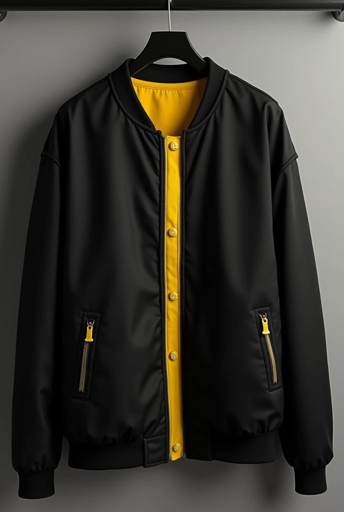 Black jacket in taslan fabric, classic bomber model, with yellow central closure, Yellow side pocket closures, The sleeves do not have any details, hanging on a coat rack, the waistband is made of the same fabric, The cuffs are also made of the same fabric., half open so that the back of the central closure in yellow fabric can be seen, the inner lining in black
