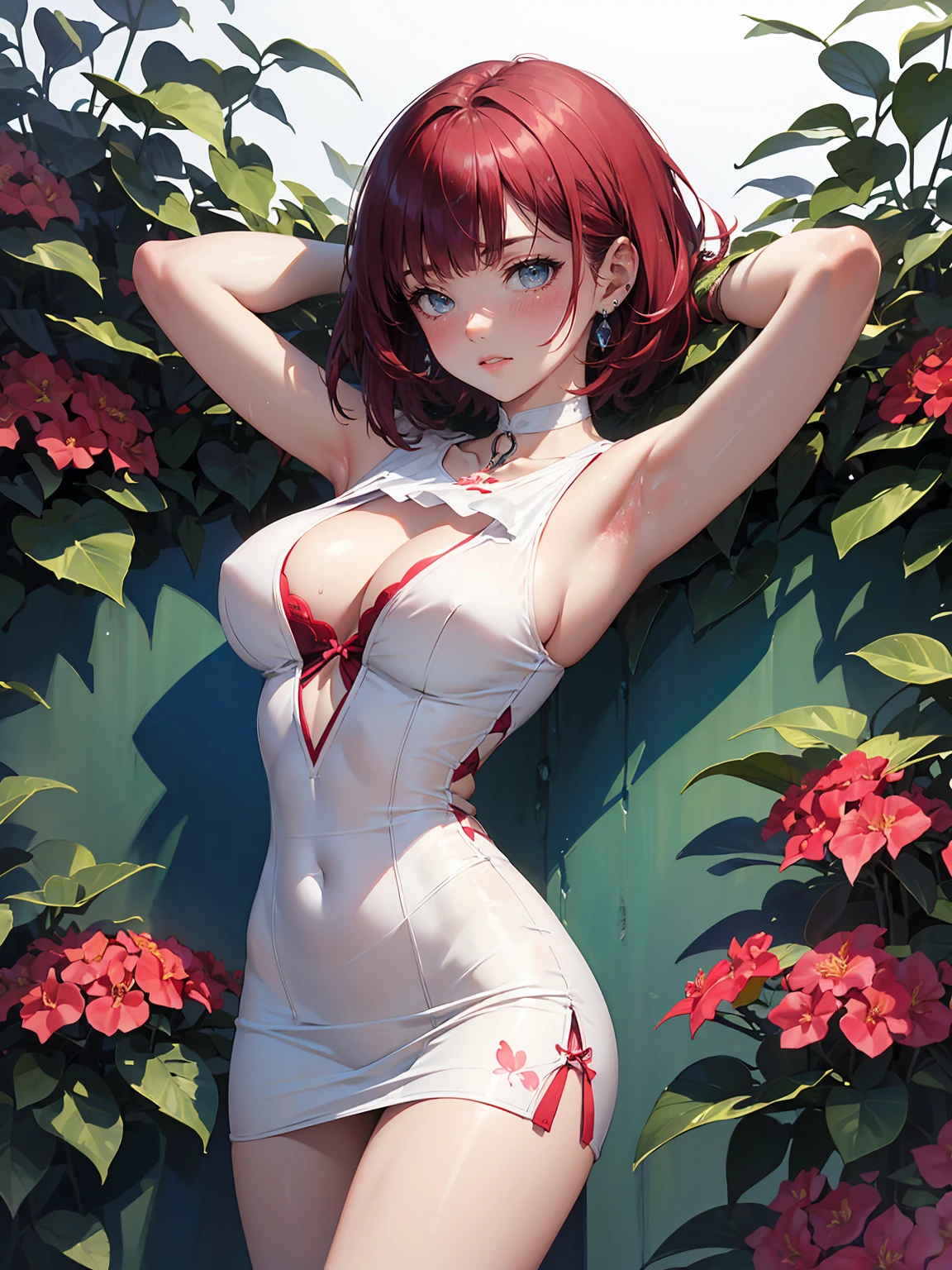 (1 woman:1.5,solo:1.5),
30 years old,
(very young woman:1.2),
(fit body:1.3),
(slender waist),
(slender leg),
perfect fingers,
good hands,
blurry background,
depth of field,
beautifully shaped nose,
ideal ratio body proportions,
model,
break,
(pastel tones:1.3, watercolor:1.4),
(white background:1.3),
(Bougainvillea zentangle:1.3),
(patchwork layout Bougainvillea flower pattern background:1.4),
break,
(vector outline:1.3),
break,
(head tilt),looking at ther,
break,
(choker:1.4)
(see-through:1.3),
break,
(red, white color palette:1.4),
(leather:1.4),(simple tight mini dress:1.3),
break,
(yawning:1.1),
break,
(chestnut mouth:0.9),
break,
(beautiful ivory blue eyes:1.5),
beautiful eyes,
eyelashes:0.7,
break,
extremely detailed hair,
(crimson hair with light red tips hair:1.4),
(short hair:1.3),
(straight hair:1.3),
shiny hair,
(pixie cut),
(blunt bangs),
break,
(MEDIUM HUGE BRE1),
(GIGANTIC HUGE HIP:0.6),
saggy breasts:1dulous breasts,
realistst physics,
(hanginsts),
break,
cowboy shotk,
(lying on the floor),(holding out one's chest:1.5),(lifting breasts with hands:1.5),
break,
(arnd head:1.4),(combing my hair:1.3),(voluptuous pose:0.7),(fullbody:1.1),
break,
(pale skin:1.1),
(gleaming skin:1.3),
(sweat:1.1),
weat:1.3,
oily skin,
affection,
blush:0.8,
smile,
break,
(masterpiece),
(best quality),
(very high resolution),
(professional anime),
beautiful lighting,
super fine illustration,
insanely detailed,
beautiful detailed,
beautiful detailed face & eyes,
beautiful detailed body,
beautiful detailed skin,
8K,
beautiful girl,
pretty girl,
(depth of field:1.3),
