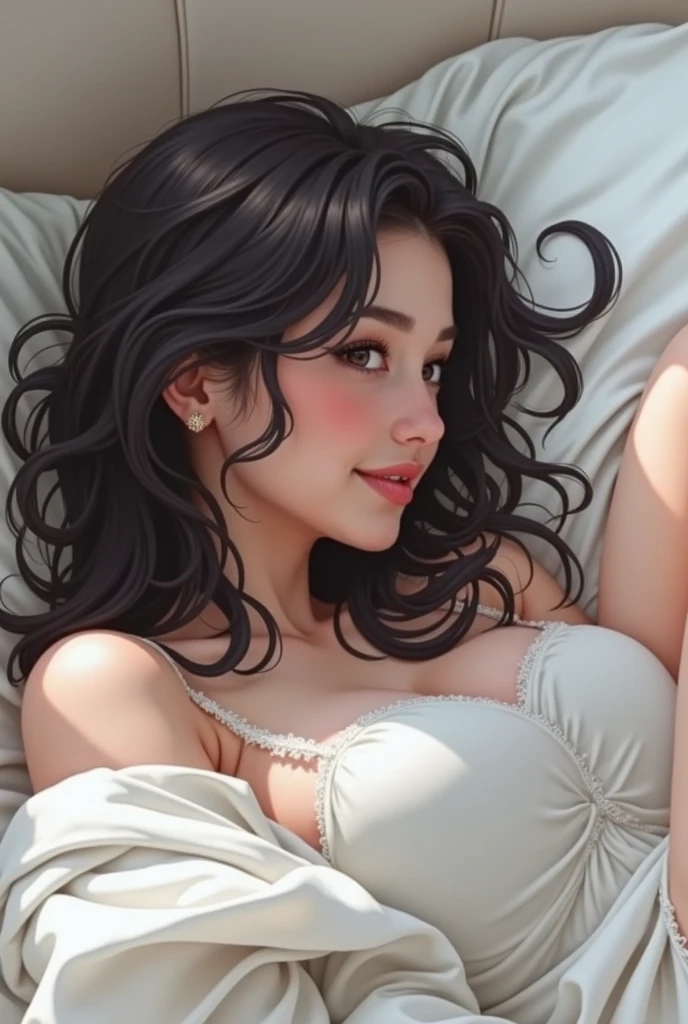 ((best quality)), ((masterpiece)), (detailed), 1 girl, on bed, chubby, 1, young looking, very large breasts, natural breasts, happy smiling, thick thighs, fair skin, topless, naked, small breasts hanging, looking from side and slightly behind, legs open, pale, knees on bed, elbows on bed, back facing up