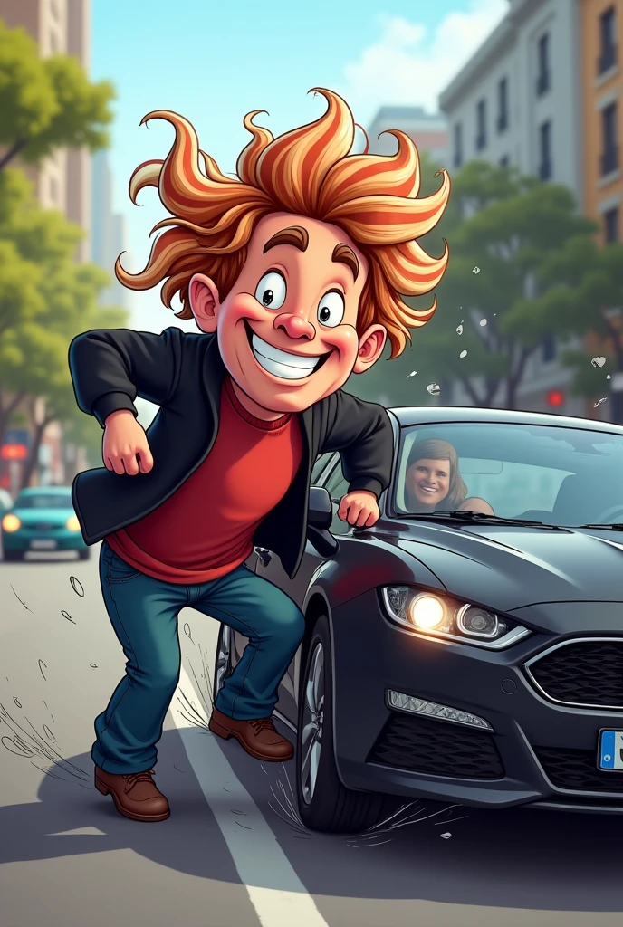 A white man with bacon hair with a happy face wearing a red t-shirt and a black sweater crashing into a black car