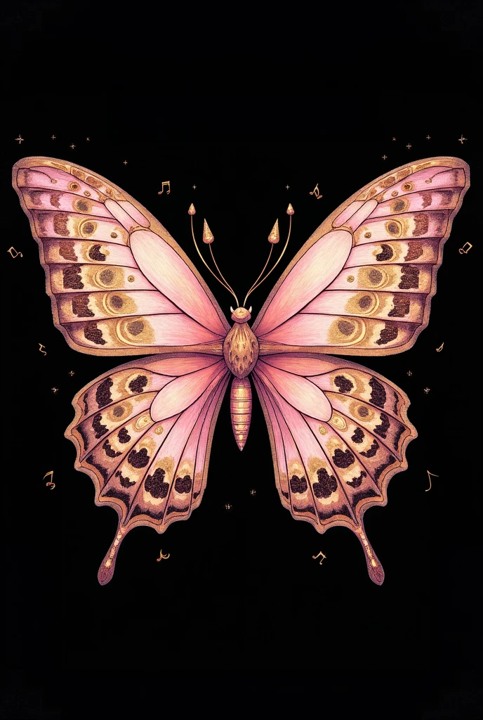 Completely black background with a butterfly in the middle of the screen, with colours in combination with pale pink and derivatives; and golden, mythical and crystal art style, that has hidden details within the structure of the drawing referring to a parrot, a sea turtle and a musical note