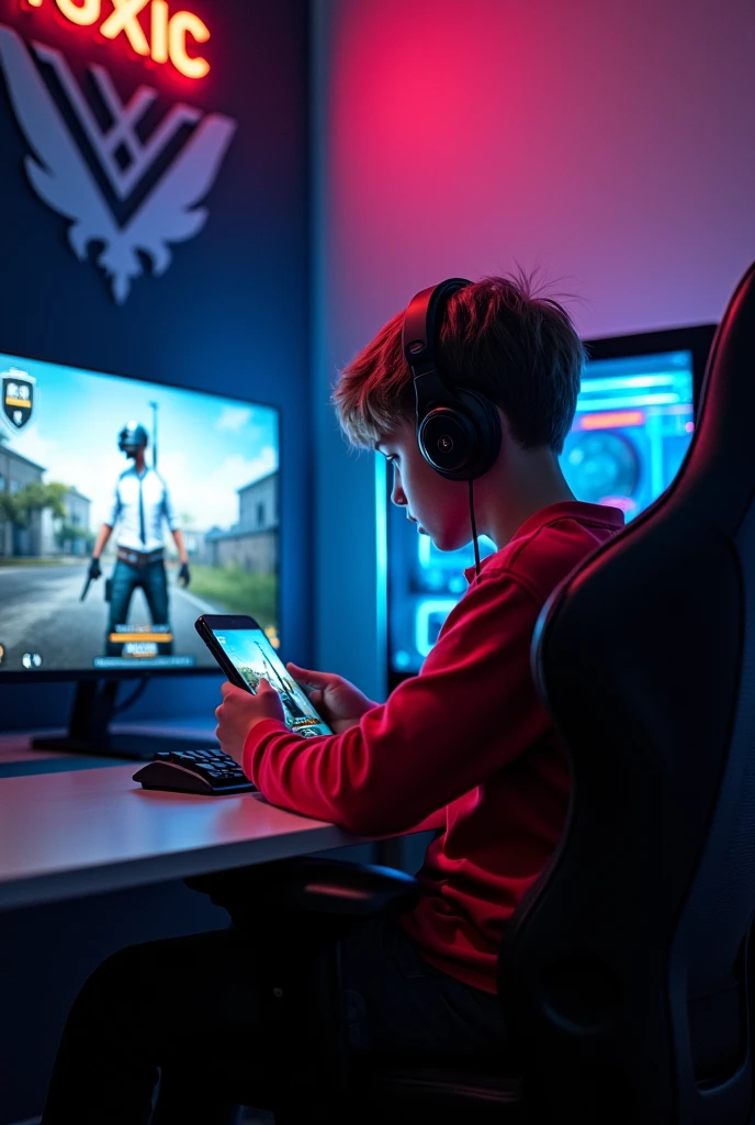 Make a wallpaper of a 1 boy playing Pubg game in his earphone connected smart phone , sitting on a gaming chair in front of his Gaming Computer and RGB CPU. Pubg pochinki are shown in his computer. There are a logo frame hanging on the wall in which "TOXIC" named gaming logo are present. Ensure that name should clearly visible and logo give gaming vibes.