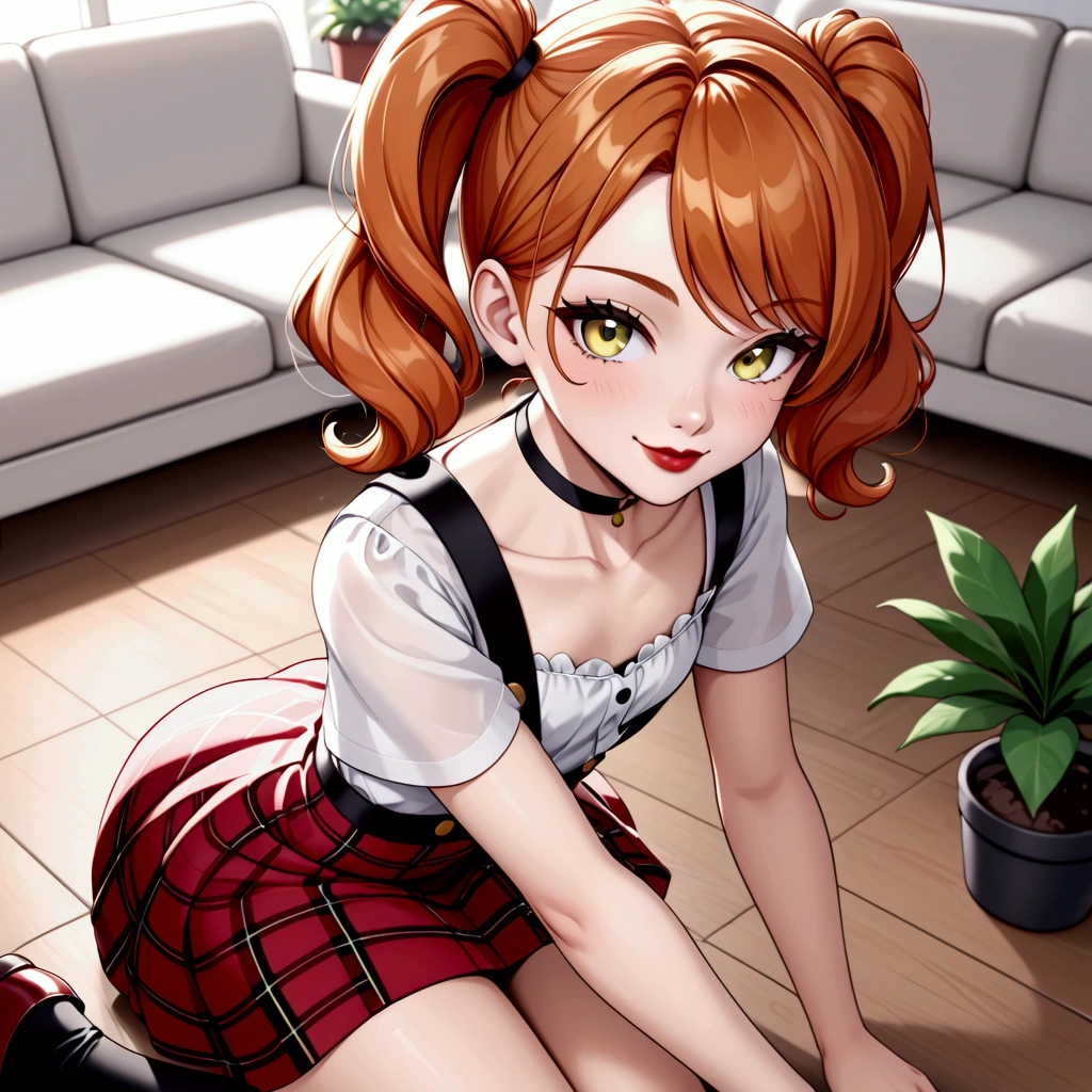 close up, evening light, high angle view, 1girl:1.2, ginger fur ears:1.5 black elastic band on ginger wavy medium hair with 2ponytails, black choker, black suspenders on very short white blouse with short sleeves, thin very red lips, school plaid red skirt, green-yellow eyes, smiled thin face, she sitting on the light grey sofa with books in hands, big ass and very small chest:1.2, sharp nose, blurry background, white walls, correct anatomy, anime art style, plants in pot on the wooden floor

