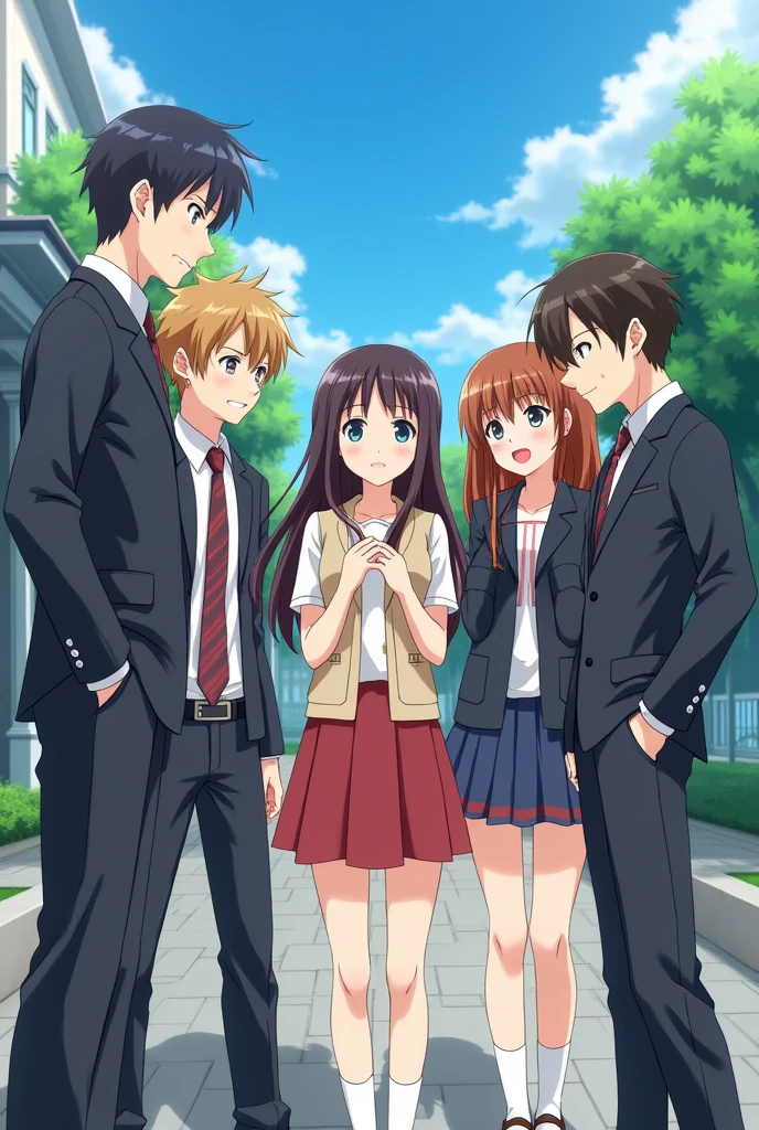 Anime school girls three boys and two girls one of the girls will be brunette