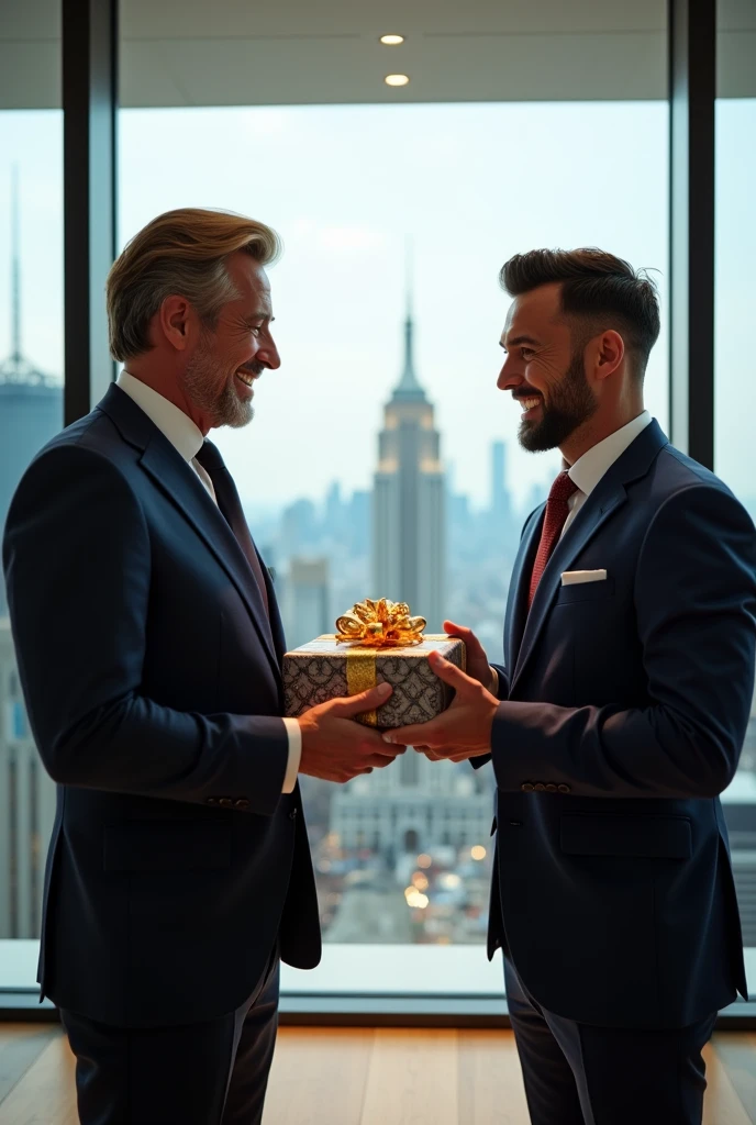 A vibrant scene set in an elegant, modern penthouse with floor-to-ceiling windows showcasing a stunning city skyline. Two wealthy men in sharp, expensive suits are in the center of the room, both exuding confidence and camaraderie. One of them is smiling warmly as he hands over a beautifully wrapped gift, possibly an expensive watch or a luxury item, to the other. The atmosphere is light and celebratory, with both men sharing a moment of mutual respect and friendship, symbolizing the exchange of wealth and success.