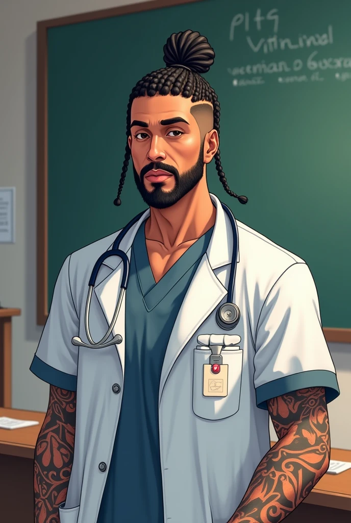 Anime style image of a veterinarian doctor, man, Chilean, dark-skinned, using braids, with a degraded haircut, using short beard, with tattoos on their arms, in a classroom with a blackboard in the background 