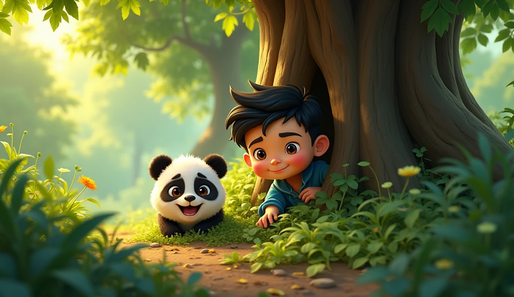 Playing Hide-and-Seek:
"Ayan and the baby panda, Pari, playing hide-and-seek among tall trees. Ayan is hiding behind a large tree trunk, smiling mischievously, while Pari, with her big round eyes, is looking around curiously, trying to find him. The forest is full of life with green leaves and vibrant bushes."