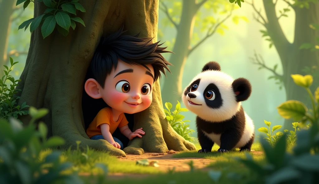 Playing Hide-and-Seek:
"Ayan and the baby panda, Pari, playing hide-and-seek among tall trees. Ayan is hiding behind a large tree trunk, smiling mischievously, while Pari, with her big round eyes, is looking around curiously, trying to find him. The forest is full of life with green leaves and vibrant bushes."