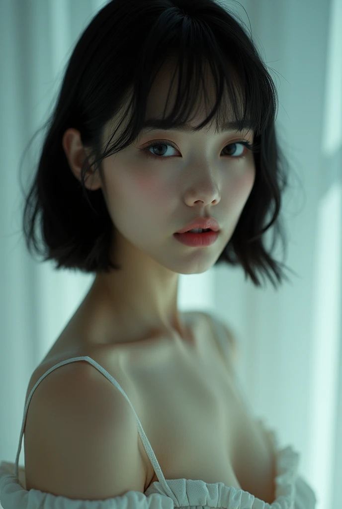 8k, Ultra-high resolution, Highest quality, masterpiece, Rule of thirds photograph,surreal, photograph, 1 Girl, (:1.3), pretty girl, Cute Face, Beautiful eyes in every detail, Detailed,masterpiece,One Girl:1.2,Japanese female announcer,cowboy shot,Serious expression,Black short hair,Bob with bangs,no Lingerie, See through, Look forward, Standing posture, Opposition, Dynamic Lighting, Sharp contours, Light from above, Low contrast, (Side view),Perfect and beautiful face ,Perfect and cute face, Skin with attention to detail, Perfect limbs、Narrow waist,Looking at the audience,(((Ideal body type))),B cup breasts :2,Portraiture:2,Perfect Anatomy,Vividly detailed,detailed,surreal,Light and shadow,glowing, exposed skin, wearing nothing,