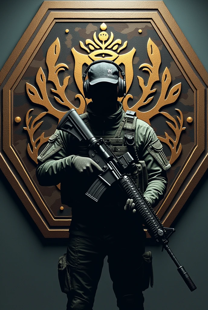 Create Hexagonal Rubber Patch Cliché Image, camouflage coat of arms background,military coat of arms with the name Lukinha Airsoft, operator carrying an m4 rifle wearing a cap and headphones