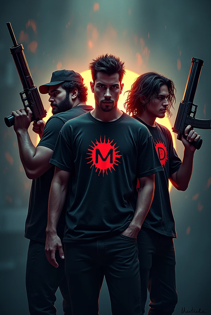 Gamer logo of three people with weapons and initials on their shirts (s)the other one (k) y the other one (D)  that the background is horror that one is dark the other white and the other with long hair that they are men 
