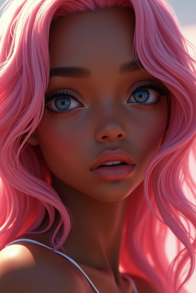 Beautiful girl with big eyes, pink hair and dark skin