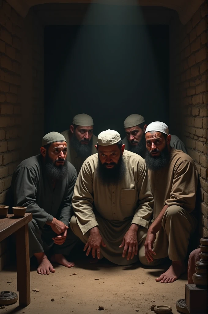 Five Muslim men are sitting in a small Buddha mud room in a state of panic The background is dark, and the overall image has a mysterious ambiance.