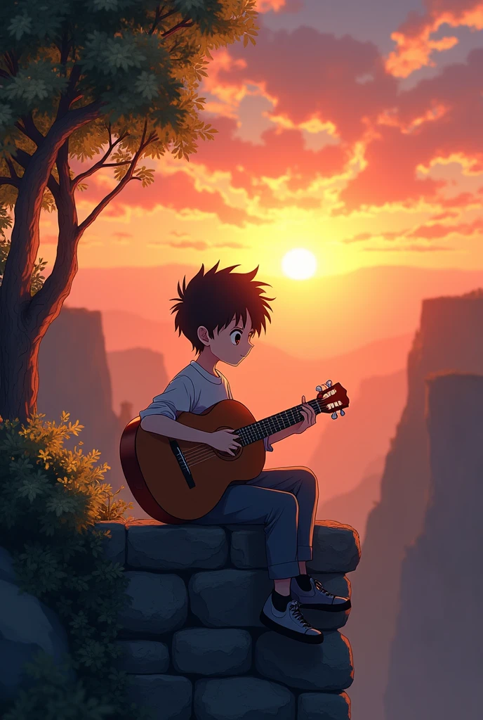 Anime boy sitting on a ledge playing a guitar at sunset, Anime Art Wallpaper 8K, Anime Art Wallpaper 4K, Anime Art Wallpaper 4K, Estilo anime 4K, 4k anime wallpapers, 4k anime wallpapers, 4k anime wallpapers, Wallpapers manga 4K wallpapers, Makoto Shinkai Cirilo Rolando, the girl plays the guitar, lofi
