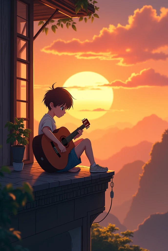 Anime boy sitting on a ledge playing a guitar at sunset, Anime Art Wallpaper 8K, Anime Art Wallpaper 4K, Anime Art Wallpaper 4K, Estilo anime 4K, 4k anime wallpapers, 4k anime wallpapers, 4k anime wallpapers, Wallpapers manga 4K wallpapers, Makoto Shinkai Cirilo Rolando, the girl plays the guitar, lofi