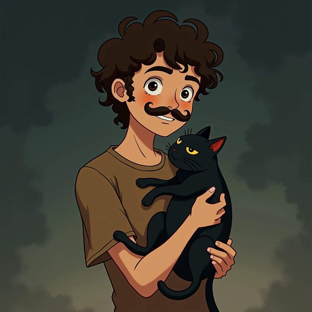 I would like a Ghibli style profile icon of a young man with a Handlebar mustache, beard only under his mouth and on the tip of his chin, brown eyes and curly hair and he is holding a black cat, the background is something a little darker