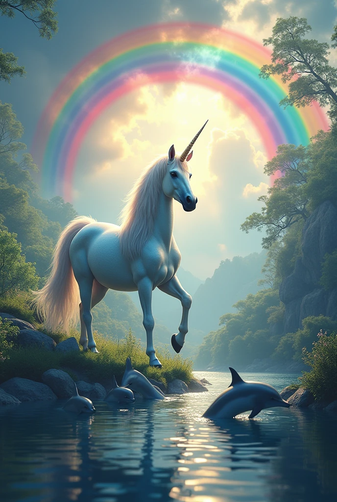 unicorn on a rainbow with dolphins