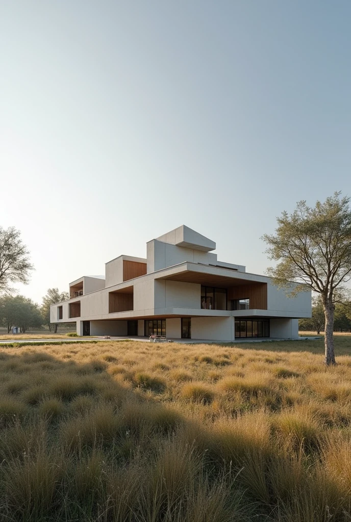 Create an architectural image for the outside of a very large one-story equine therapy center for people with disabilities that looks complete with the characteristics of the works of architect Carme Pinós, with very abstract and superimposed square figures, with different materials, without so many curved lines