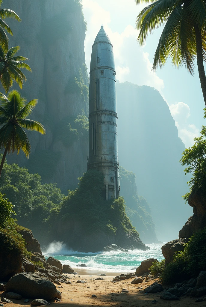 image of a space rocket stuck on an island