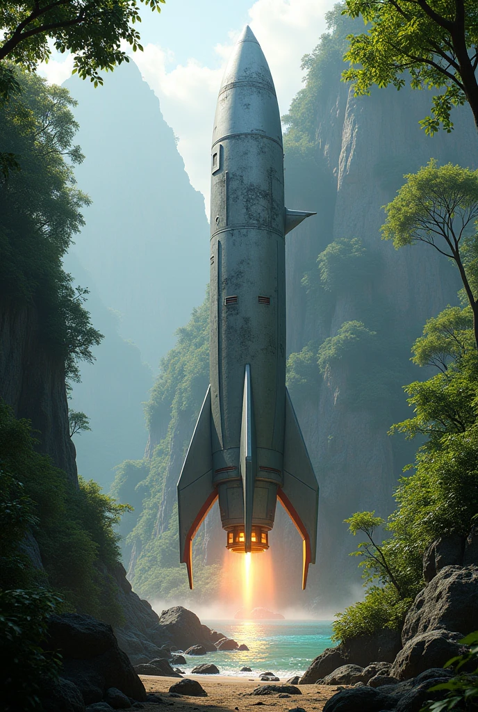 image of a space rocket stuck on an island