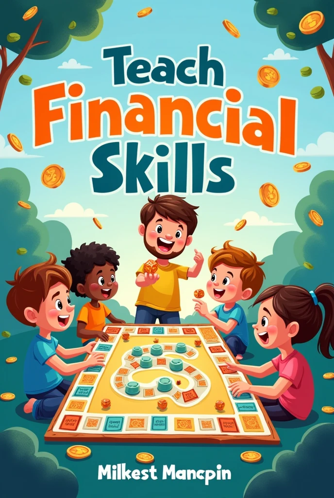 Illustrate a dynamic book cover designed for ren aged 2, focused on teaching financial skills through fun activities. Center the cover on a scene where a group of kids are plng an interactive board game that teaches money management. The game board is full of spaces that represent different financial concepts, like earning, saving, and investing. The children are rg dice, moving pieces, and learning while having fun. Surround the scene with lively graphics like piggy banks, treasure maps, and coins to make it visually stimulating. Use a bright color palette with shades of blue, orange, and yellow to engage this age group. The author’s name should be located at the bottom in a playful, clear font.
