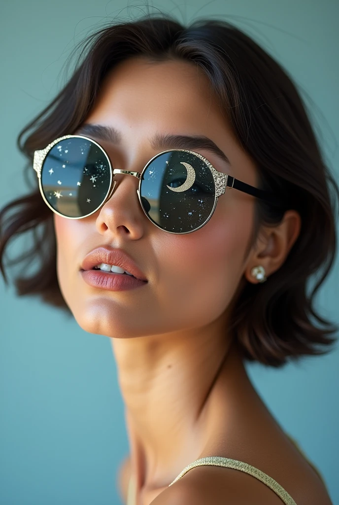 The model is wearing glass sunglasses with stars and the moon on the glass