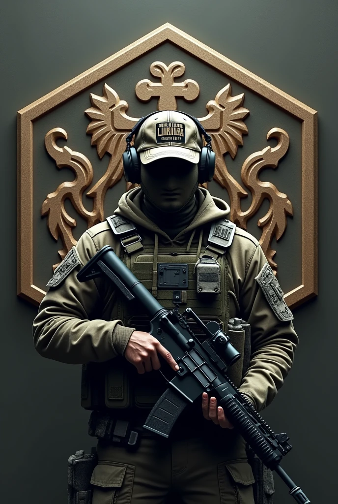 Create Hexagonal Rubber Patch Cliché Image, camouflage coat of arms background,military coat of arms with the name Lukinha Airsoft, operator carrying an m4 rifle wearing a cap and headphones