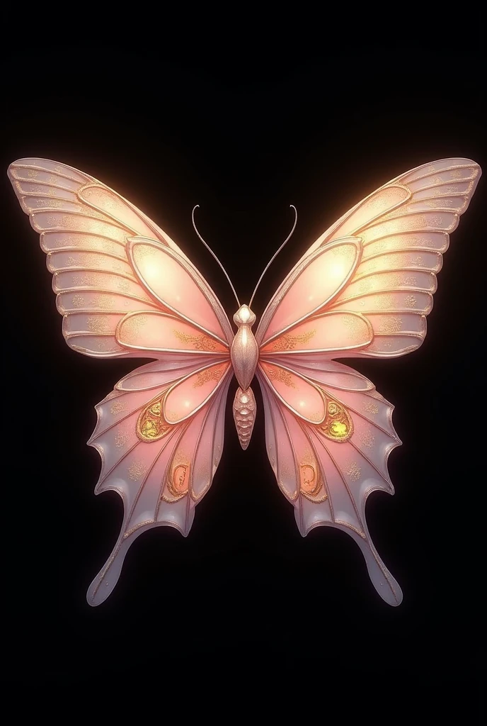 Completely black background with a butterfly in the middle of the screen, with colours in combination with pale pink and derivatives; and golden, crystal and mythical art style, that has details within the structure of the drawing referring to a parrot,  a sea turtle and a musical note 