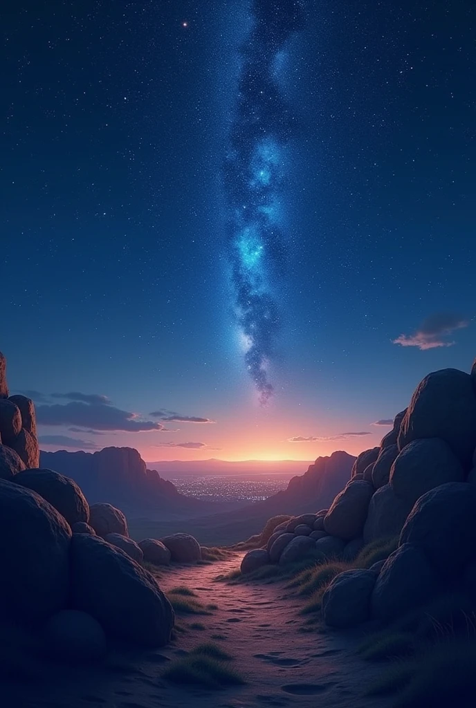 A digital artwork depicting a starry night sky in the city of Nazareth, where Jesus grew up. The scene is set in a softly lit environment, criando uma atmosfera quente e acolhedora. The night sky is deep and starry, with vibrant colors and simplified details to evoke a feeling of serenity and spirituality. Soft light highlights the stars and the horizon, making the moment magical and engaging