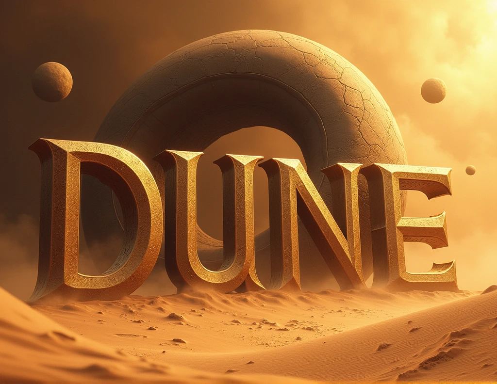 Create a beautiful graphic design featuring the title Dune: House Atreides. The text should be bold and elegant, with a font that evokes the grandeur and mystique of the Dune universe. The letters should be integrated into the desert landscape of Arrakis, with sand subtly blowing around them. In the background, include a massive sandworm (Shai-Hulud) emerging from the dunes, its detailed, textured body curving around or beneath the title, adding a sense of scale and majesty. The color palette should consist of warm desert tones—deep oranges, sandy browns, and touches of gold—capturing the harsh yet beautiful environment of Arrakis. Include subtle elements like the crest of House Atreides or the planet’s iconic twin moons in the sky. The overall design should evoke the epic, mystical atmosphere of the Dune universe, blending the grandeur of the Atreides legacy with the awe-inspiring power of the sandworms