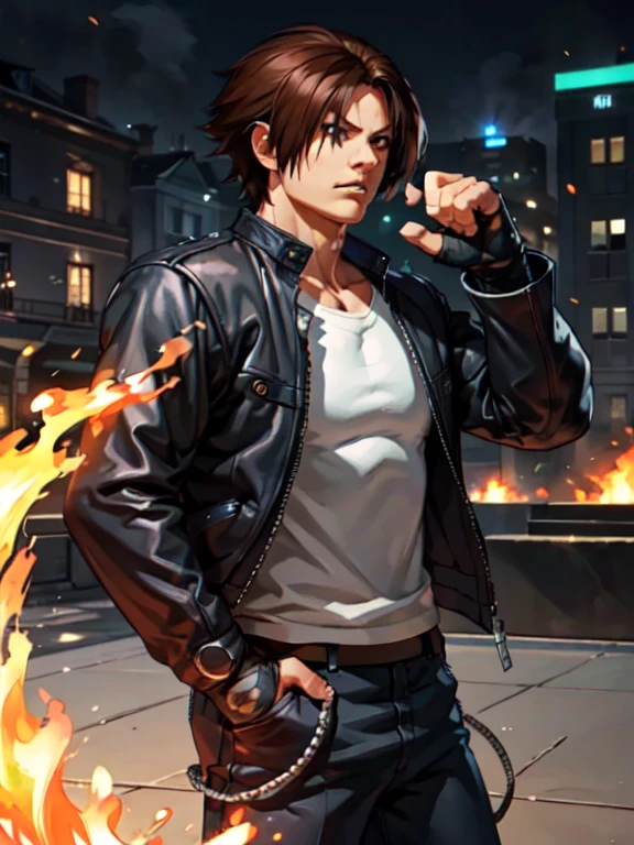 Masterpiece, highest quality, ultra realistic, intricate details, 8k, 4k, professional illustration of kyo kusanagi,, (perfect hands), serious look|expression, fire vortex