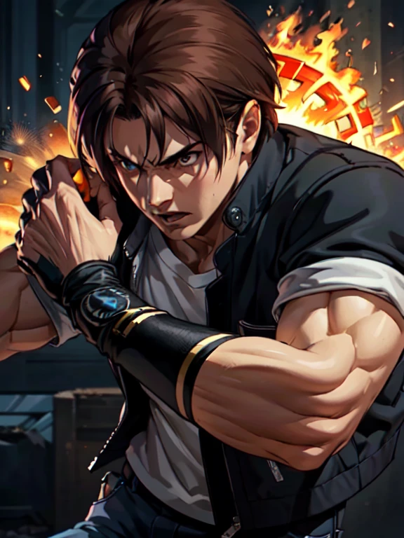 Masterpiece, highest quality, ultra realistic, intricate details, 8k, 4k, professional illustration of kyo kusanagi,, (perfect hands), serious look|expression, fire vortex