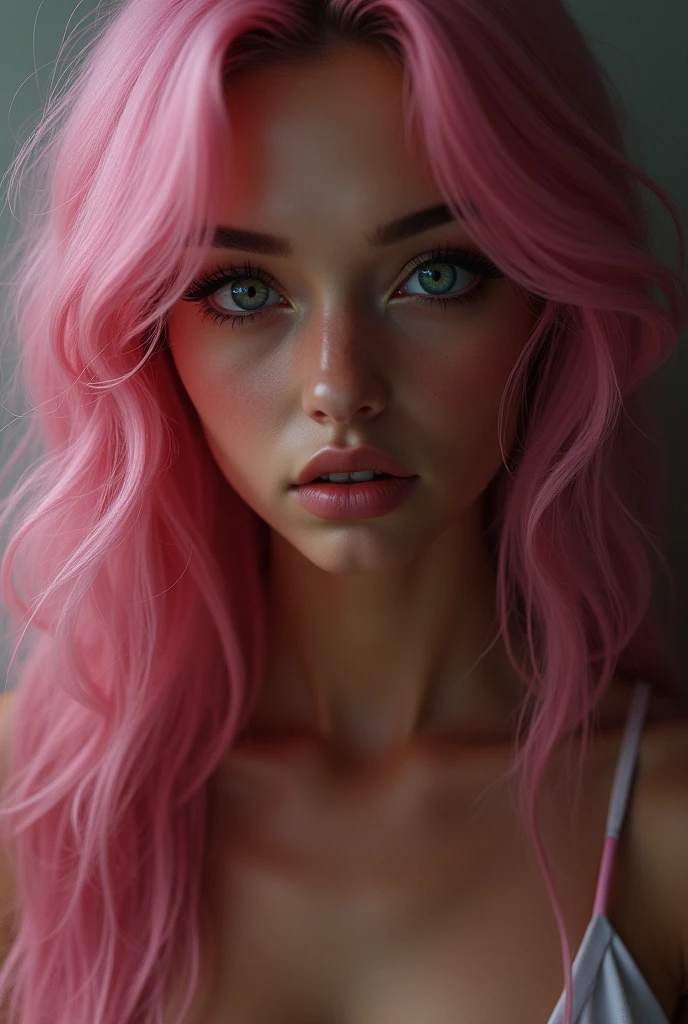 Beautiful girl with big eyes, pink hair, dark skin, no clothes