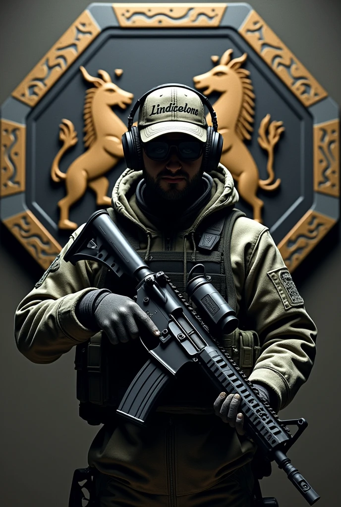 Create Hexagonal Rubber Patch Cliché Image, camouflage coat of arms background,military coat of arms with the name Lukinha Airsoft, operator carrying an m4 rifle wearing a cap and headphones