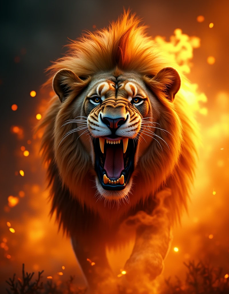Create an image of a lion&#39;s face roaring ferociously, with HD flame effects with wallpaper size
