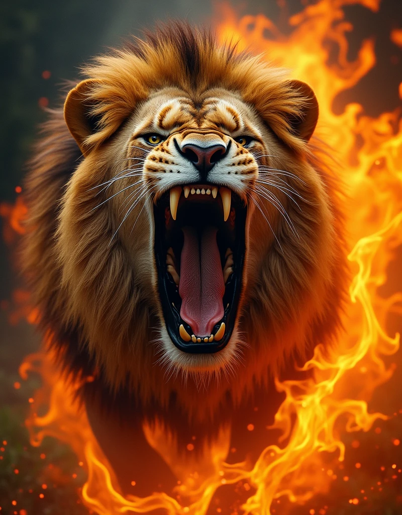Create an image of a lion's face roaring ferociously, with HD flame effects with wallpaper size