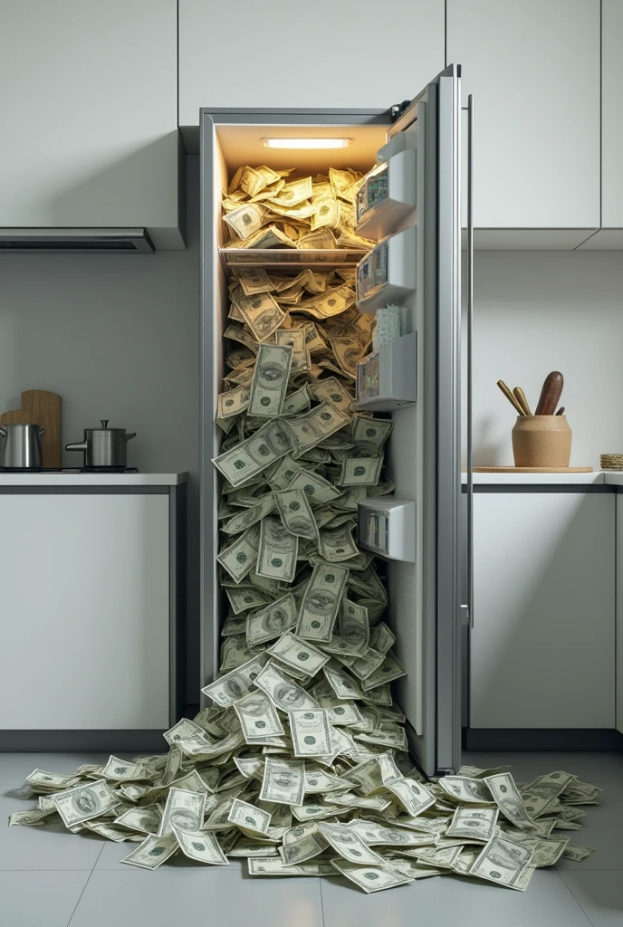 a fridge with a lot of money 
