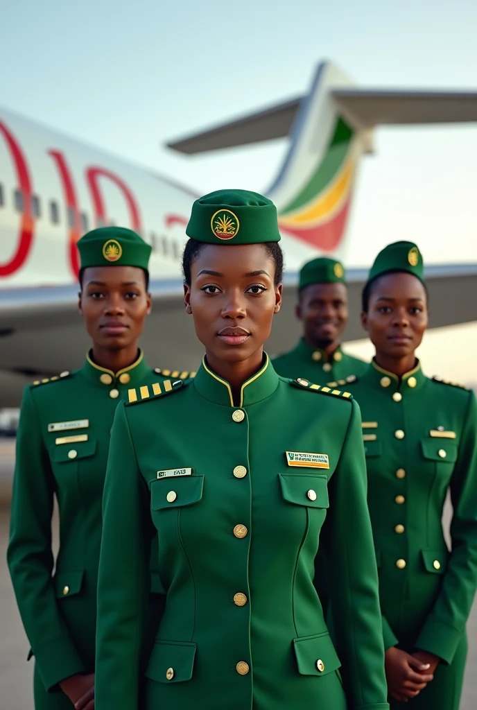 A moto saying "Integrity Guides Us, Respect Elevates Us" when a pilot engineer cabin crew standing with green uniform infront of an ethiopianairlines airplane