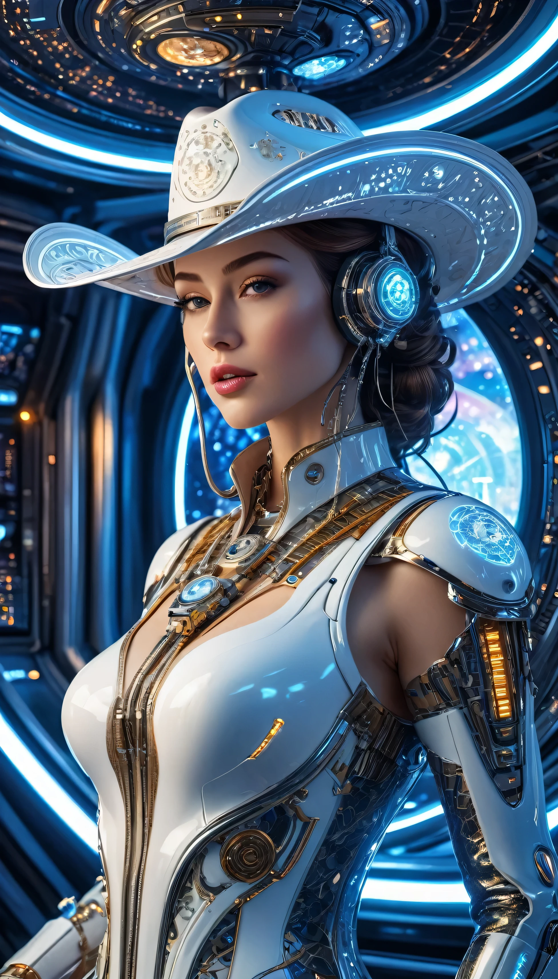 Complex 3D rendering ,Beautiful porcelain contoured mechanical Cowboy on spaceship, cyborg, integrated circuit parts, (Cowboy hat), rim light, lace, Vibrant details, Luxury Cyberpunk, hyperactual, anatomical, cable wires, microchip, elegant, Starry Sky, Inside the spaceship, octane rendering, 8k, best quality, masterpiece, illustration, extremely delicate and beautiful, Very detailed , CG, wallpaper, (actual, photo-actual:1.37), amazing, Science Fiction, Exquisite details, Electroplated silver