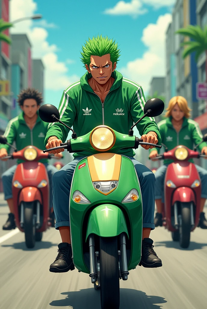 Zoro rides a step through Honda moped, Zoro brings his friends who are in one piece, all of them are wearing green motorbike jackets, the word MELUNCUR is written on the front of the Adidas style jacket, wearing long jeans, and wearing motorbike shoes, all his friends look excited all of them, and they were busy riding to motorbike events
