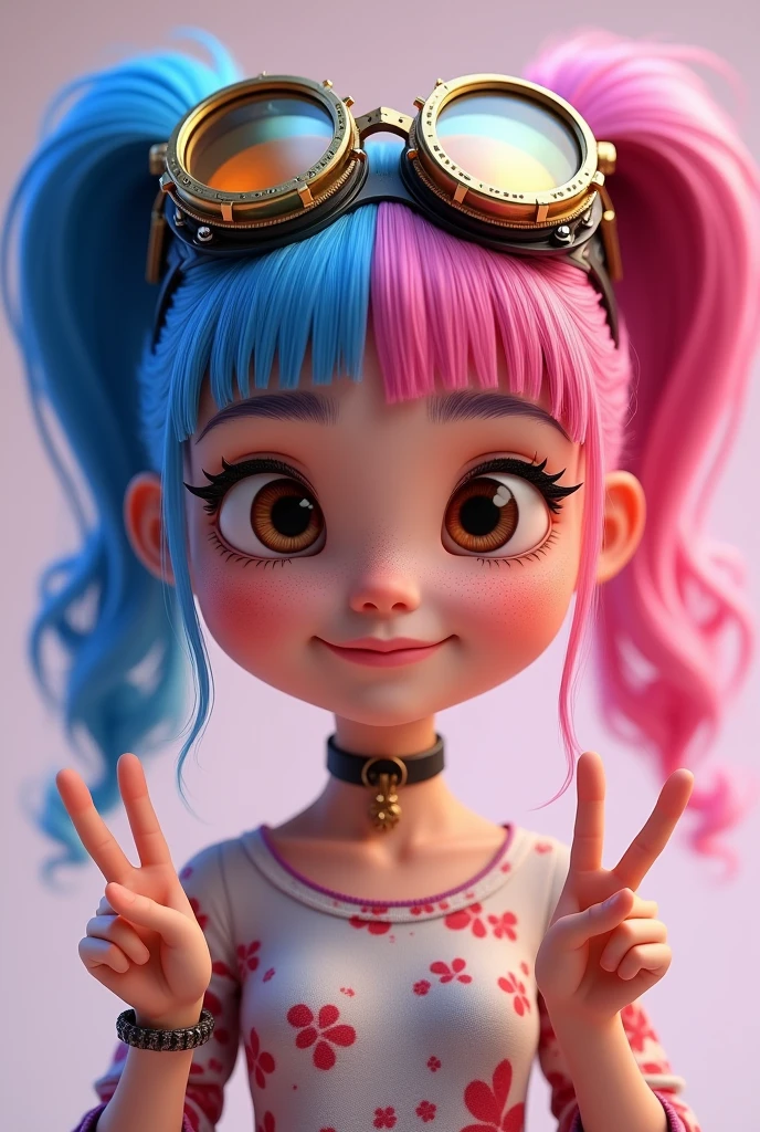 a girl in 3d Pixar style, with blue hair on one side of her head, pink on the other side, gathered in two ponytails, with freckles, with steampunk glasses on her head, with a black choker on her neck, shows the rock sign and brown eyes