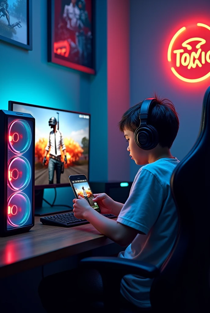 Make a wallpaper of a 1 boy playing Pubg game in his earphone connected smart phone , sitting on a gaming chair in front of his Gaming Computer and RGB CPU. Pubg pochinki are shown in his computer. There are a logo frame hanging on the wall in which  "TOXIC" named gaming logo are present. Ensure that name should clearly visible and logo give gaming vibes.