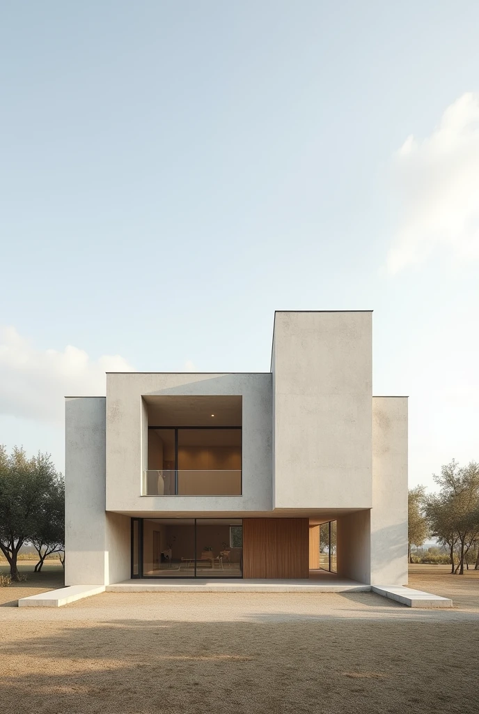 Create an architectural image outside a very large, more open equine therapy center for people with disabilities on one floor that looks complete with the characteristics of the works of architect Carme Pinós, with very abstract and superimposed square figures, with different materials, without so many curved lines