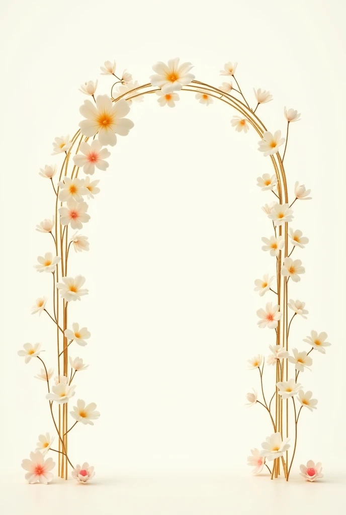 Make me a 2D Pixar-style animated illustration, 
on a white background, an arch of delicate and small flowers with a sweet and simple style.. for a first communion., the arch must be golden, with white flowers with soft pink details.. 

The overall style of the illustration is cute and adorable., The design is simple and lovely., evoking a sense of innocence and purity. 