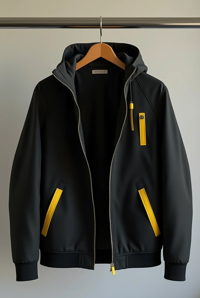 black jacket in taslan, with yellow central closure, Yellow side pocket closures, The sleeves do not have any details, hanging on a coat rack, The waistband and cuffs do not have elastic, ajar, the inner lining is black