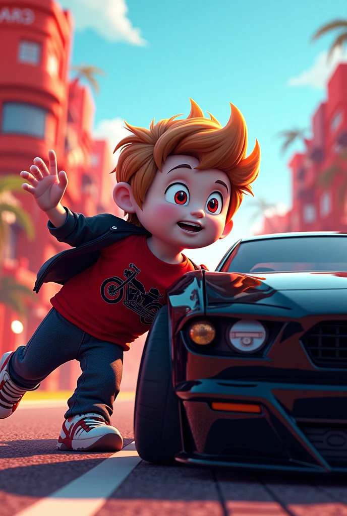 Roblox style boy, white with bacon hair with happy face, red eyes wearing a red t-shirt with a black motorcycle print and a black jacket crashing into a black car